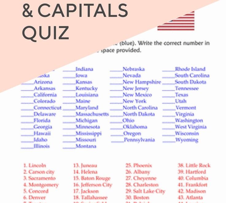 50 States And Capitals Quiz Worksheet Education