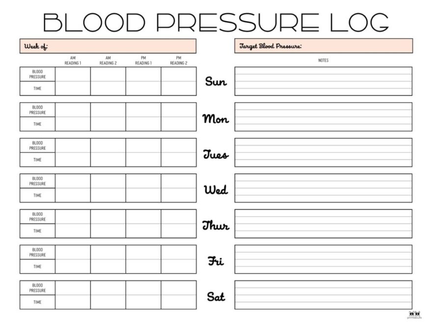 Blood Pressure Logs 25 FREE Printables Printabulls