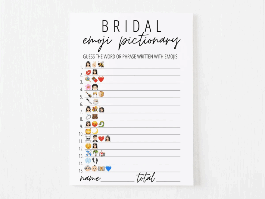 Bridal Emoji Pictionary Free Printable Modern MOH
