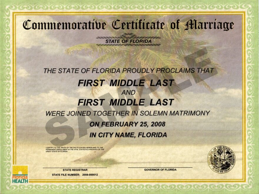 Commemorative Marriage Certificates Florida Department Of Health