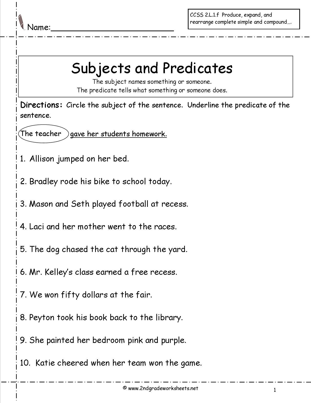 Complete Subject And Predicate Worksheets For Second Grade Worksheets Library
