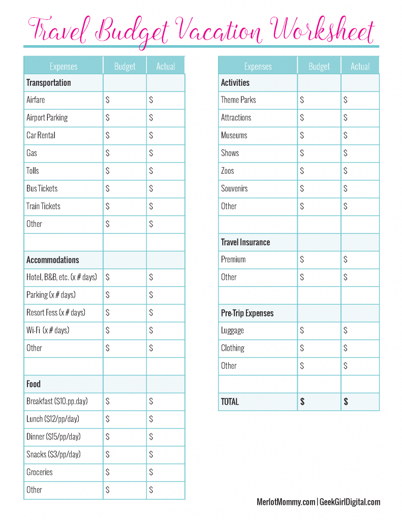 Create A Travel Budget Vacation Worksheet Whisky Sunshine