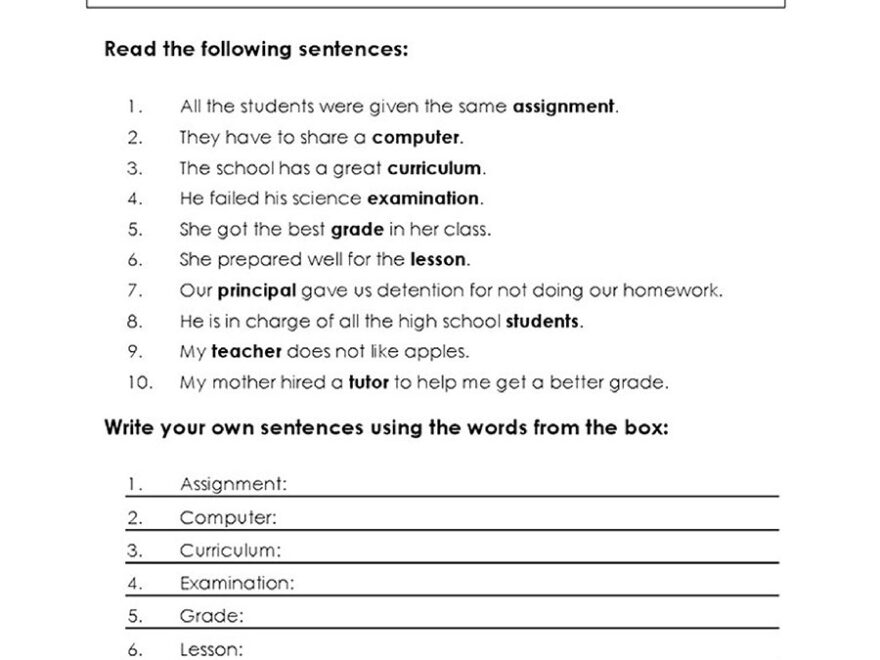 English Unite School Vocabulary Worksheet