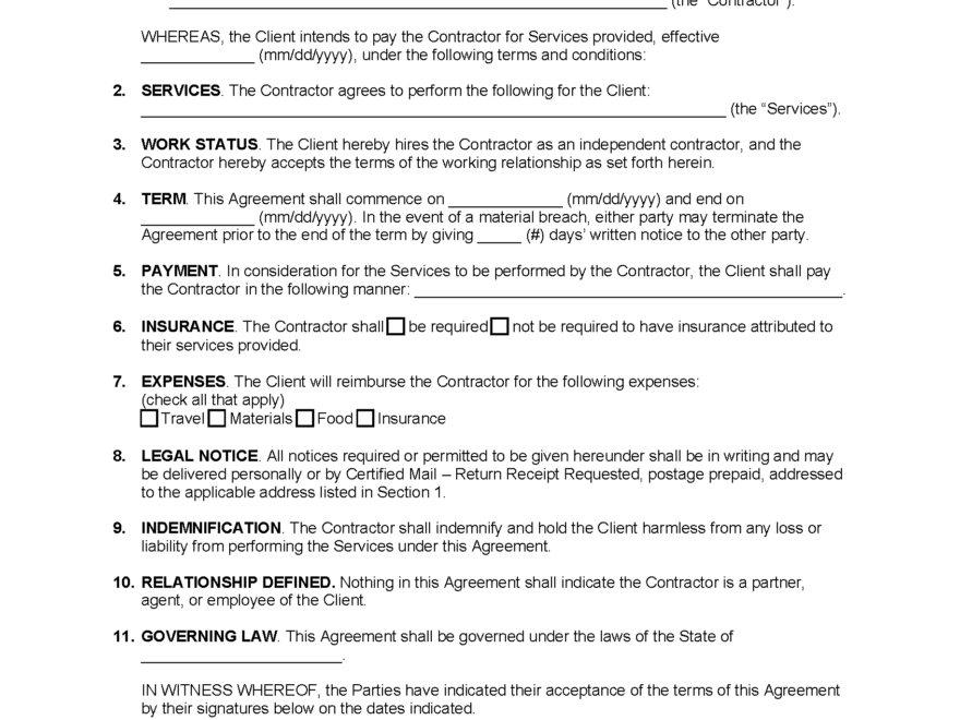 Free 1 Page Simple Independent Contractor Agreement Template PDF Word