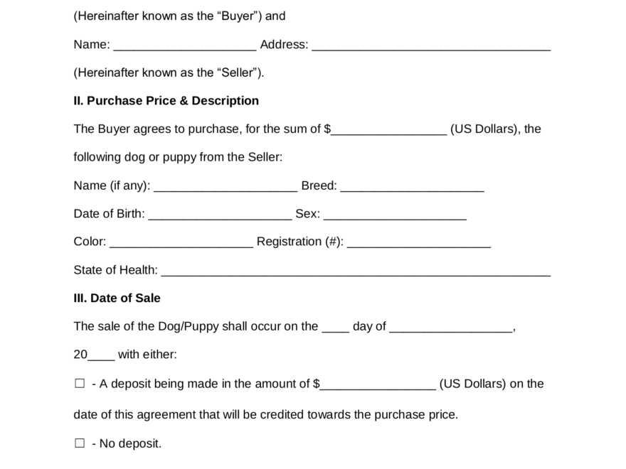 Free Dog Puppy Bill Of Sale Form PDF Word EForms
