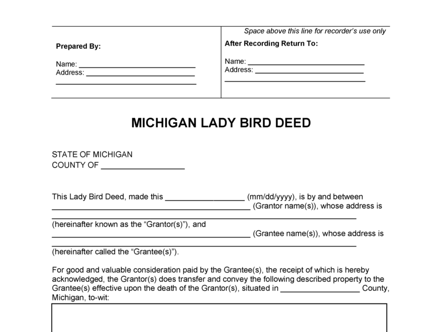 Free Michigan Lady Bird Deed Form PDF Word