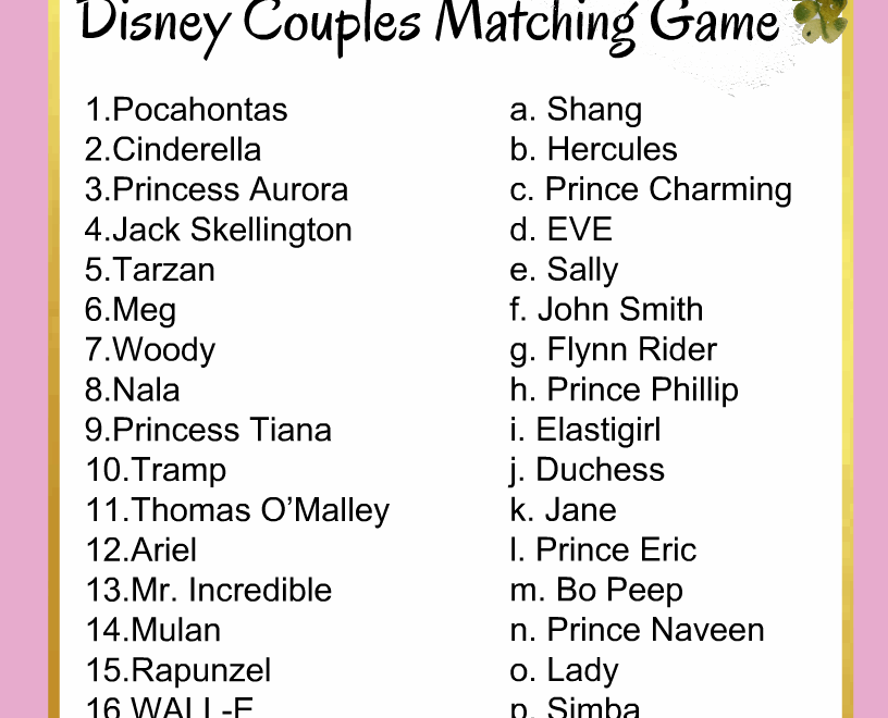 Free Printable Match The Disney Couple Game