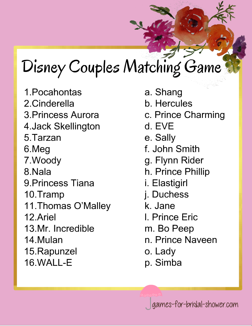 Free Printable Match The Disney Couple Game