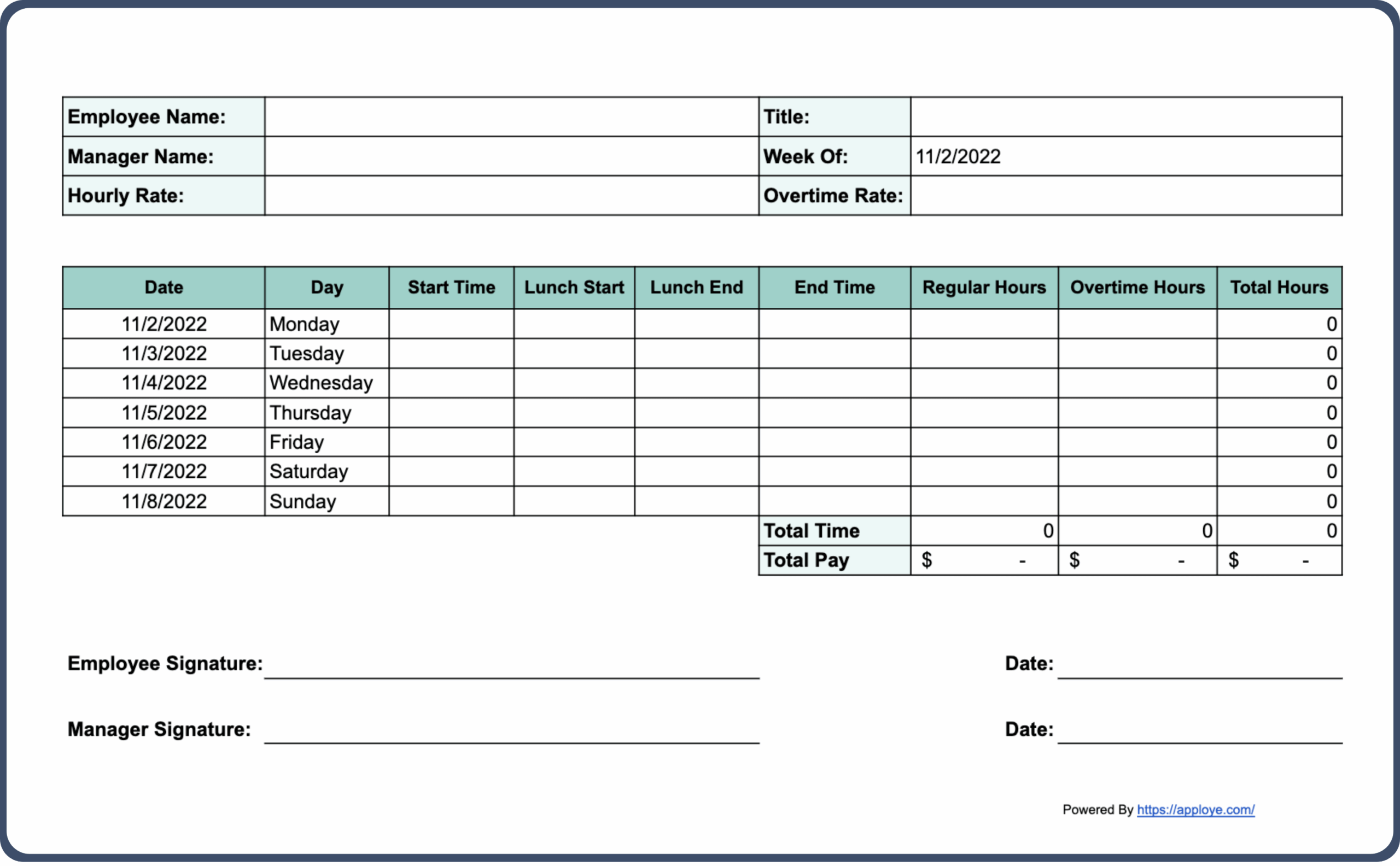 Daily Timesheet Template Free Printable