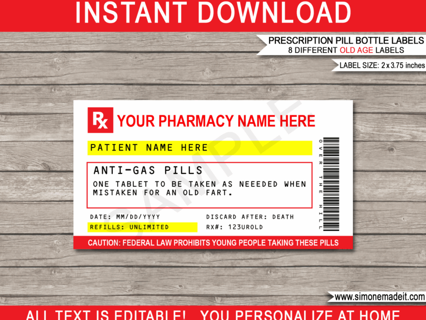 Funny Old Age Prescription Labels Template Printable Gag Birthday Gift