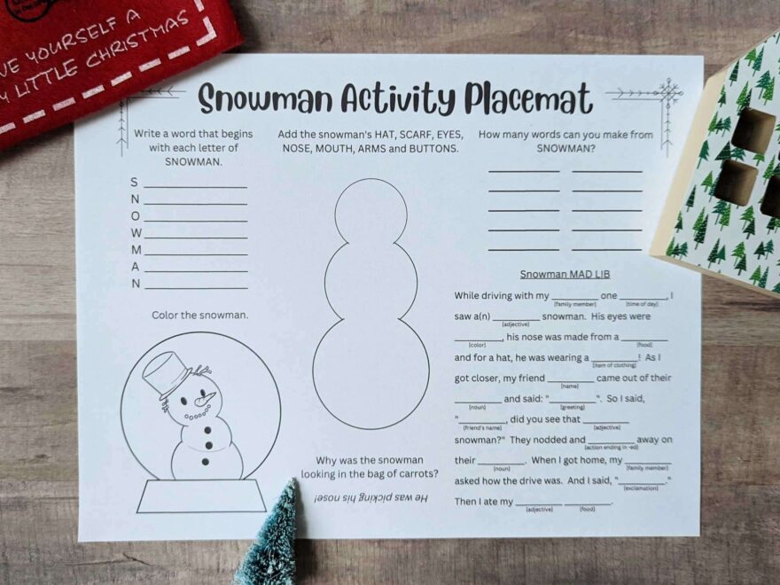 Kids Snowman Activity Placemat Sunshine And Munchkins