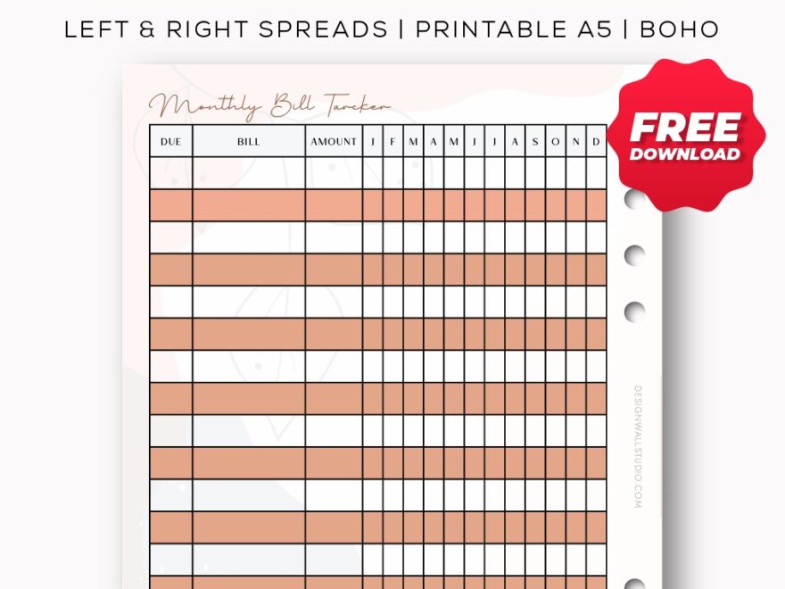 Monthly Bill Tracker Printable Insert A5 Free PDF Download Two Page Layout 2 Versions