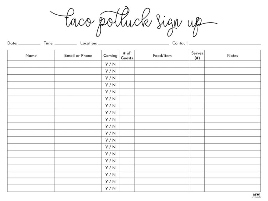 Potluck Sign Up Sheets 74 FREE Sheets Printabulls