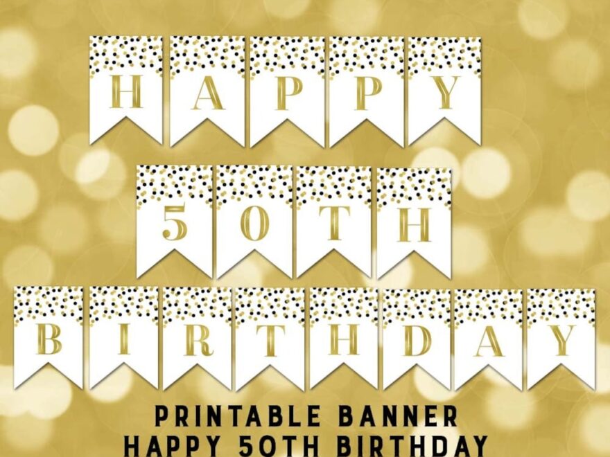 Printable Happy 50th Birthday Banner Black Gold Confetti Bunting Instant Digital Download Birthday Party Etsy