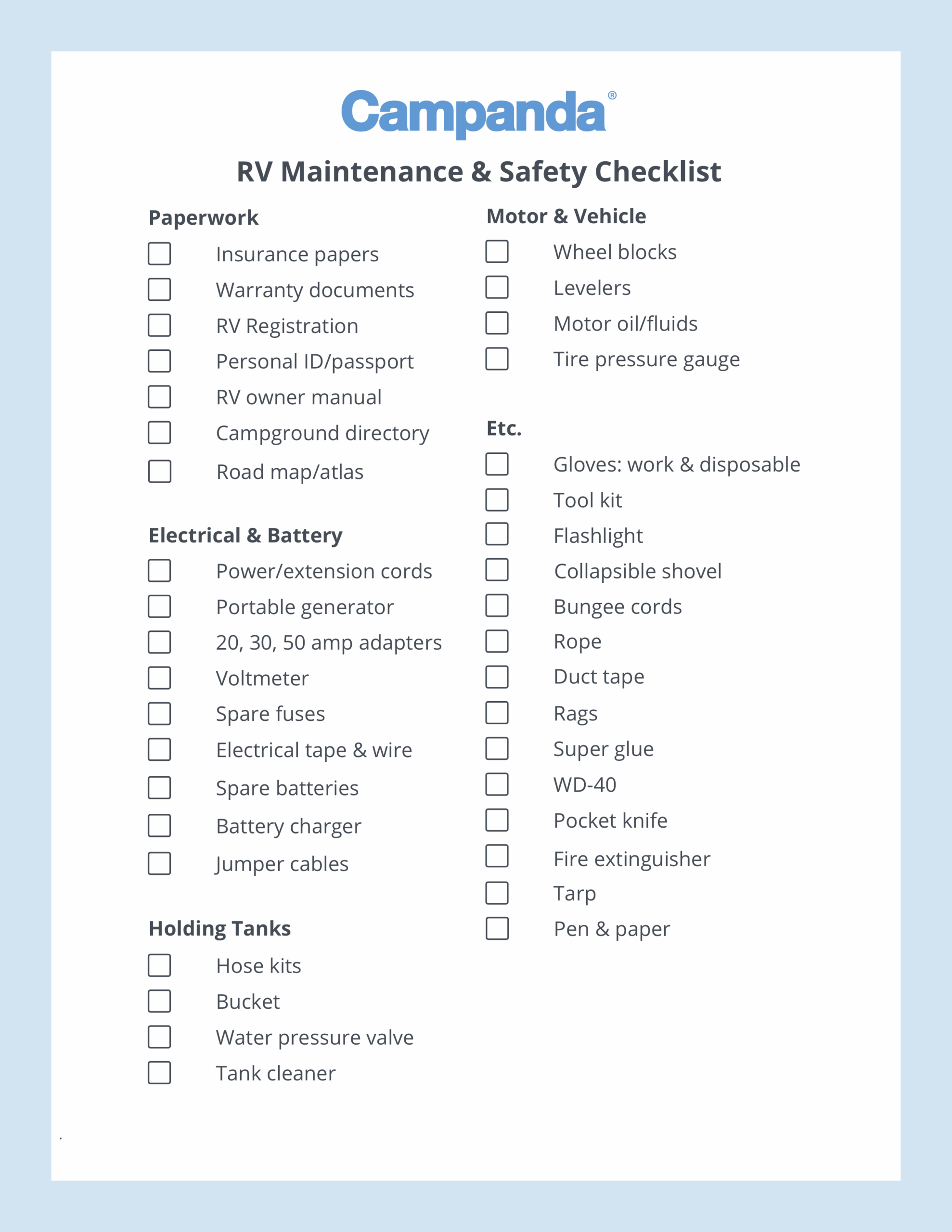 Free Printable Rv Setup Checklist