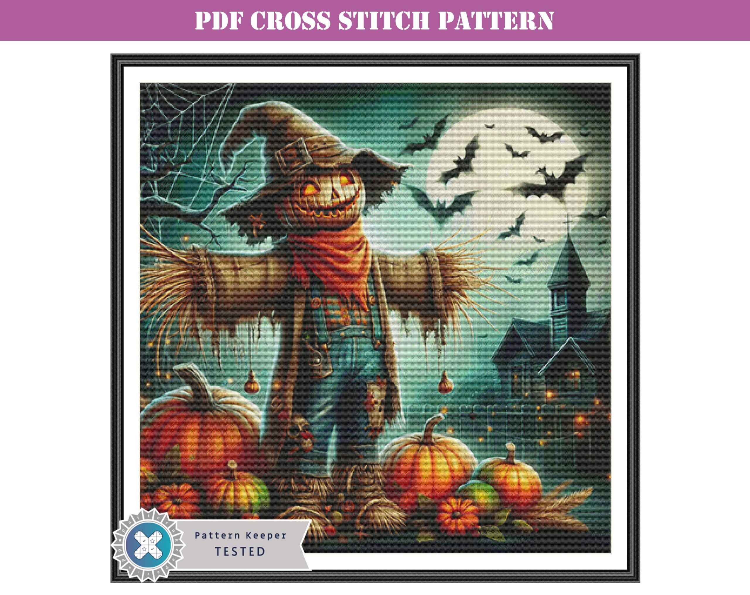 Spooky Halloween Scarecrow Counted Cross Stitch Pattern Full Coverage Design Printable PDF Chart Pattern Keeper App Compatible Etsy Australia