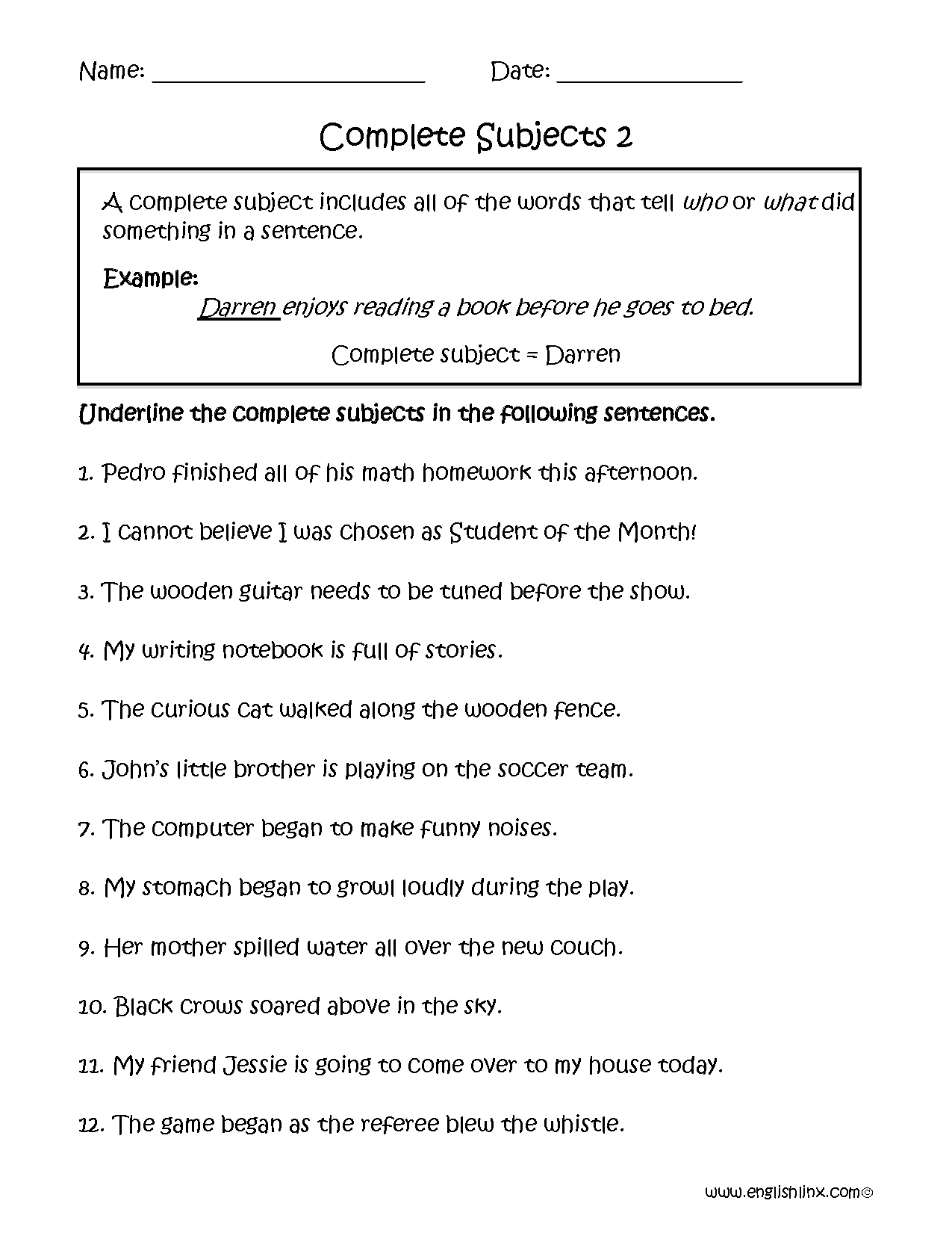 Subject And Predicate Worksheets Complete Subjects Worksheets Part 2 Worksheets Library