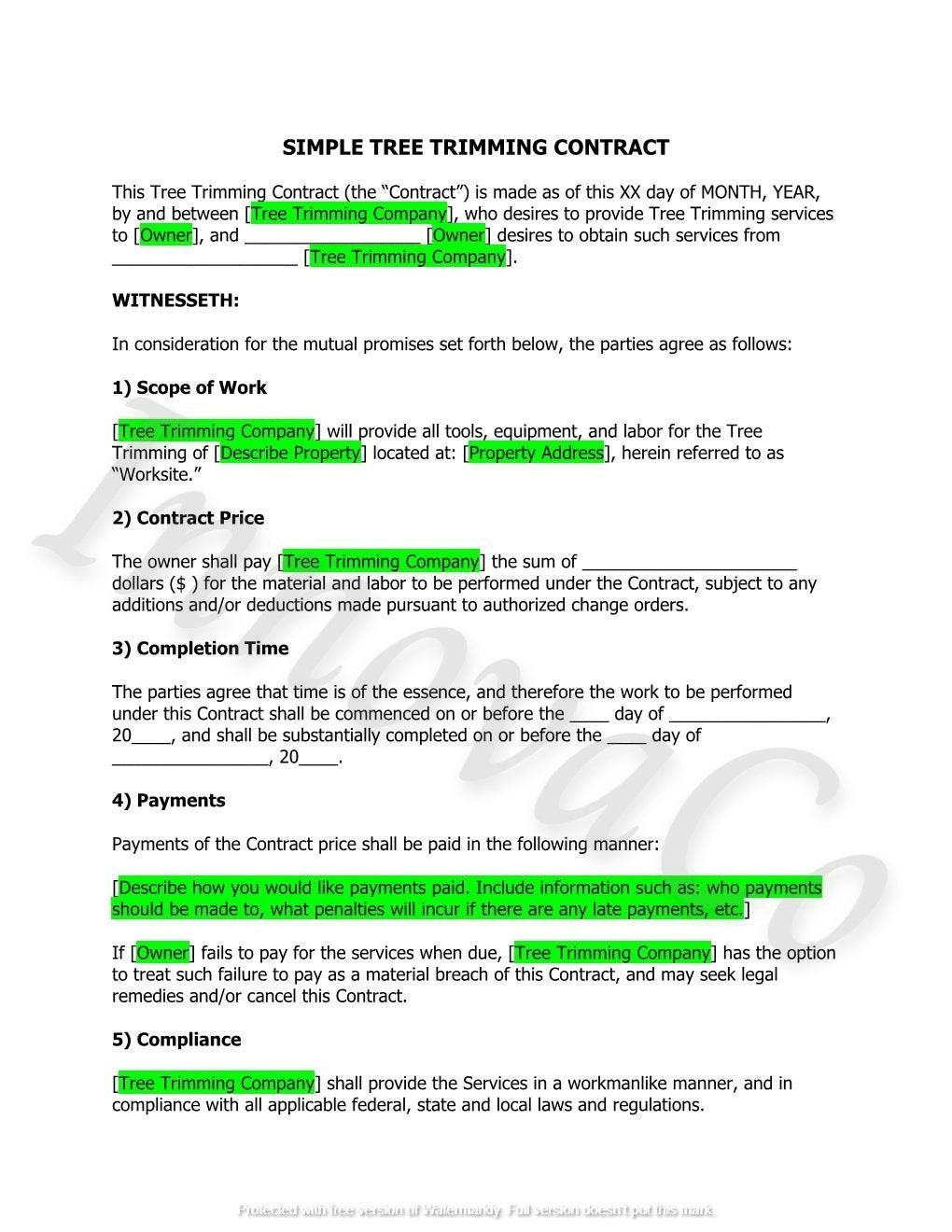 Free Printable Contracts For Tree Work