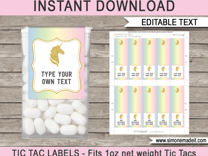 Unicorn Tic Tac Labels Template Unicorn Theme Birthday Party Favors